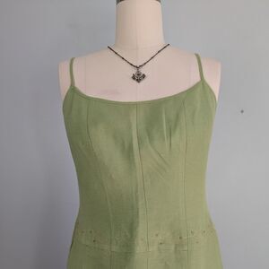 Vintage Midi Dress Size 8 Green Linen Blend Fairy Boho Embroidered Sequin